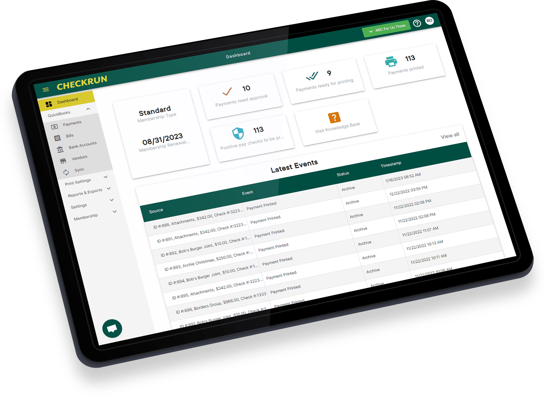 Checkrun and QuickBooks Online two-way sync for all payments.